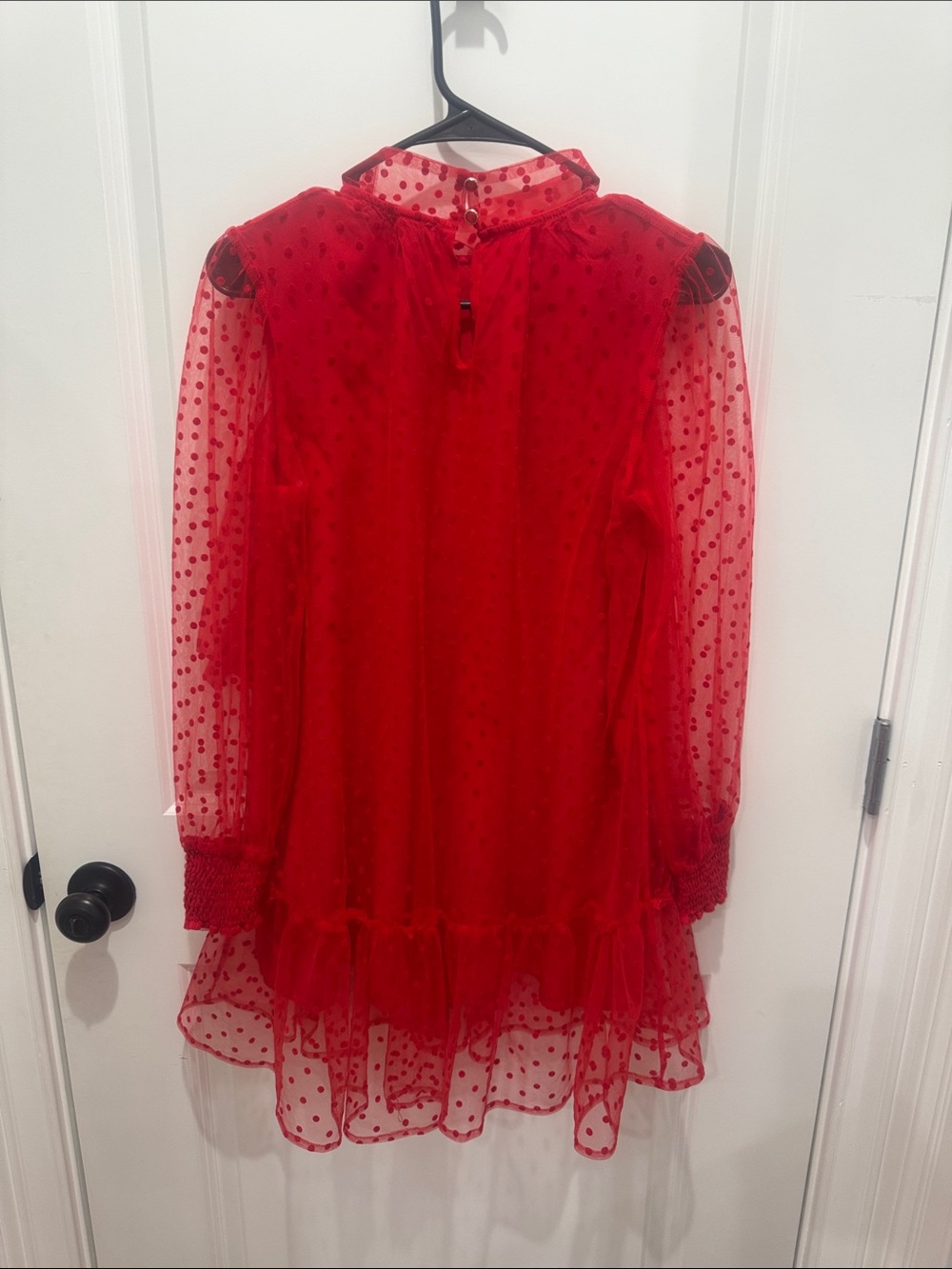 Red Swiss Dot Tie-Neck Mini Dress - Women - Picture 3 of 3